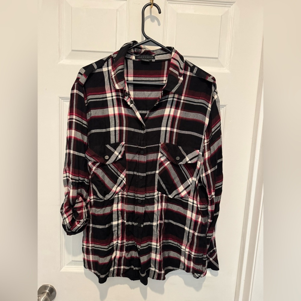 Sanctuary long sleeve red, black, white button down.